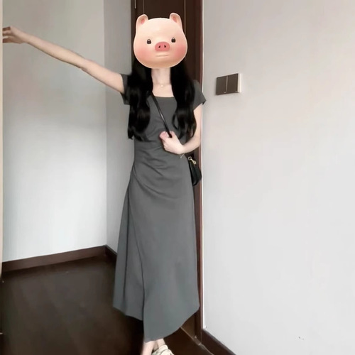 Women's Summer 2025 New Gray Fitted Small Waist Collar Plication Dress, French A-Line Long Skirt