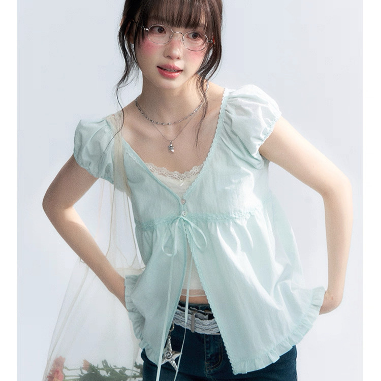 Horrid Map "Mint Morning Light" Lace-Trimmed Bow-Tie V-Neck Puff-Sleeve Cardigan Top