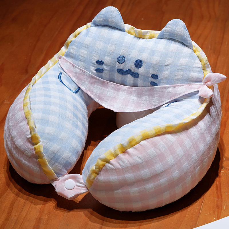 Cartoon toallas cuadradas Miao Plaid jorobas almohada en forma de U almohada de cuello adultos estudiantes dormir almohada de viaje almohada de columna cervical