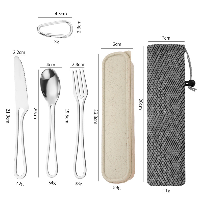 Transfronterizo nuevo cuchillo de acero inoxidable 410, tenedor y cuchara de tres piezas de viaje al aire libre camping portátil vajilla traje vajilla occidental