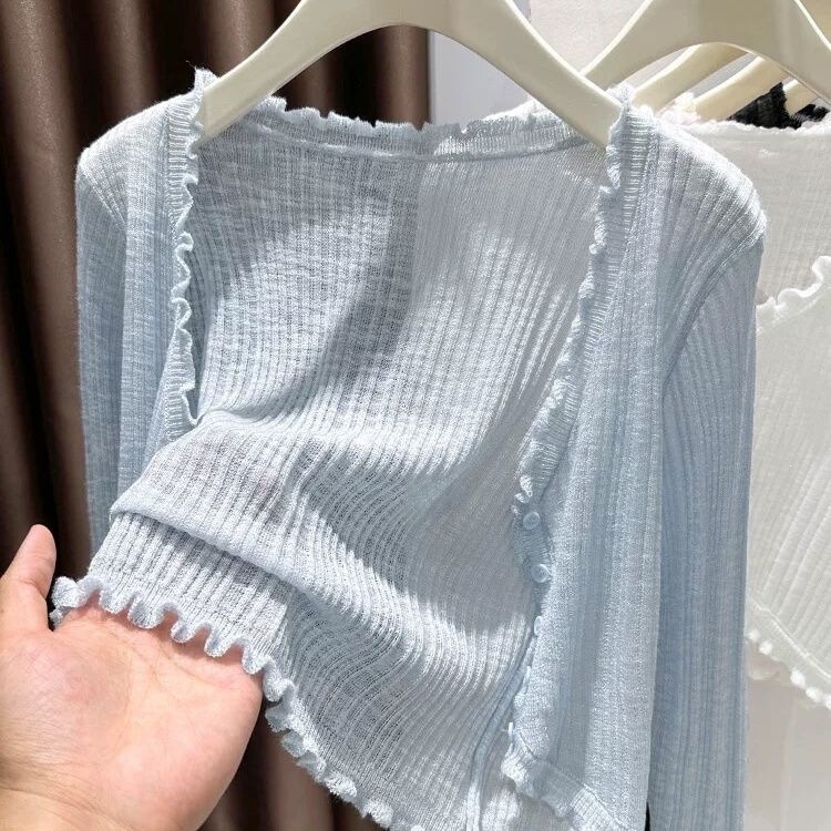 French-Style Solid Color Lace Collar New Cardigan for Women, Summer Outerwear Air Conditioning Shirt, Versatile Thin Short Top