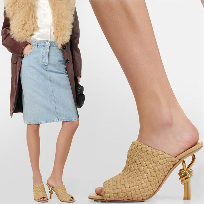 European and American New Style Square Toe Fish Mouth Braided Knotted Metal Heel Half-Slip Sandals for Outer Wear Large Size Multi-Wear Elegant Mule Shoes European and American New Style Square Toe Fish Mouth Braided Knotted Metal Heel Half-Slip Sandals for Outer Wear Large Size Multi-Wear Elegant Mule Shoes