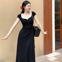 法式黑色假两件短袖连衣裙女夏季气质木耳边蝴蝶结收腰显瘦长裙子