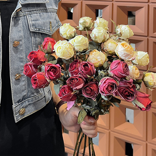 High-end 5-head edge-burned small rose artificial flowers manufacturer wholesale fake flowers foreign trade decorative flowers bionic home decoration artificial flowers