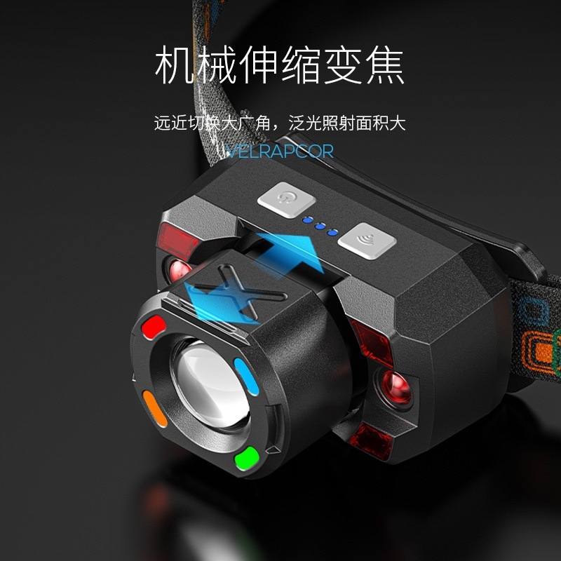 伸缩变焦三色光源头戴灯聚泛光USB充电照明灯挥手感应带电显头灯|undefined