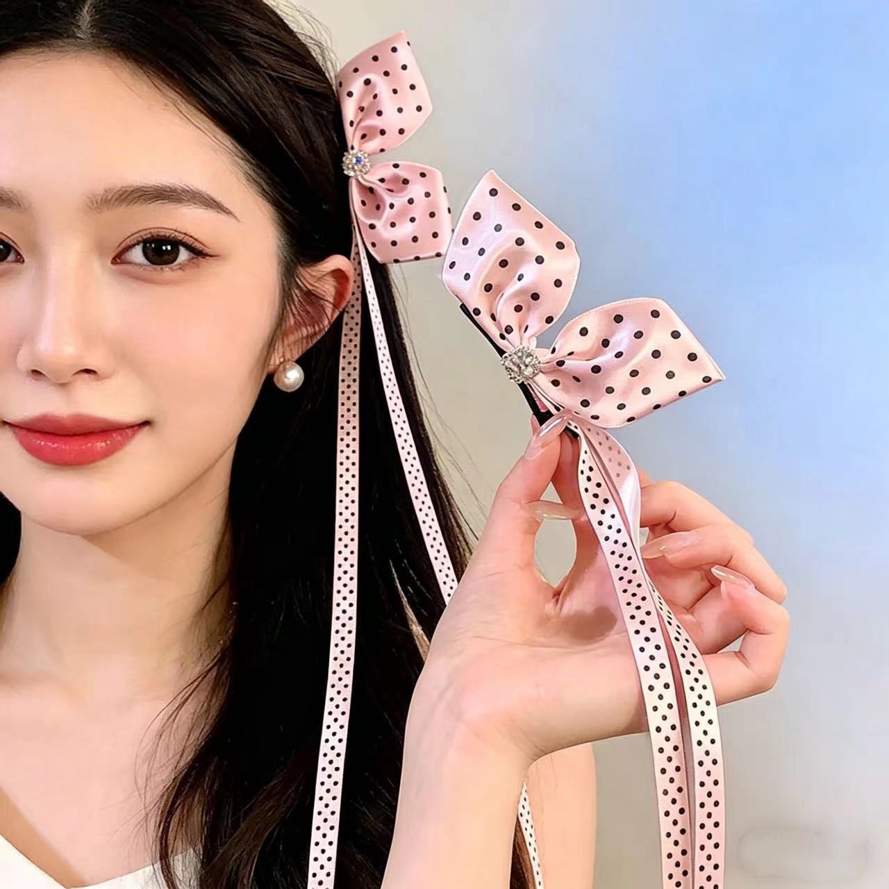 Dulce ballet punto de tormenta diamante arco clip para el cabello de mujer detrás de la cabeza alta cola de caballo banano tocado de cabello primavera image 8