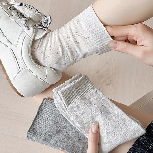 Japanese Pure Color Spring and Summer Thin Hollowed Out Cylindrical Cotton Socks Sweat Absorption Breathable Fashionable Versatile Women's Mesh Pile Long Socks 