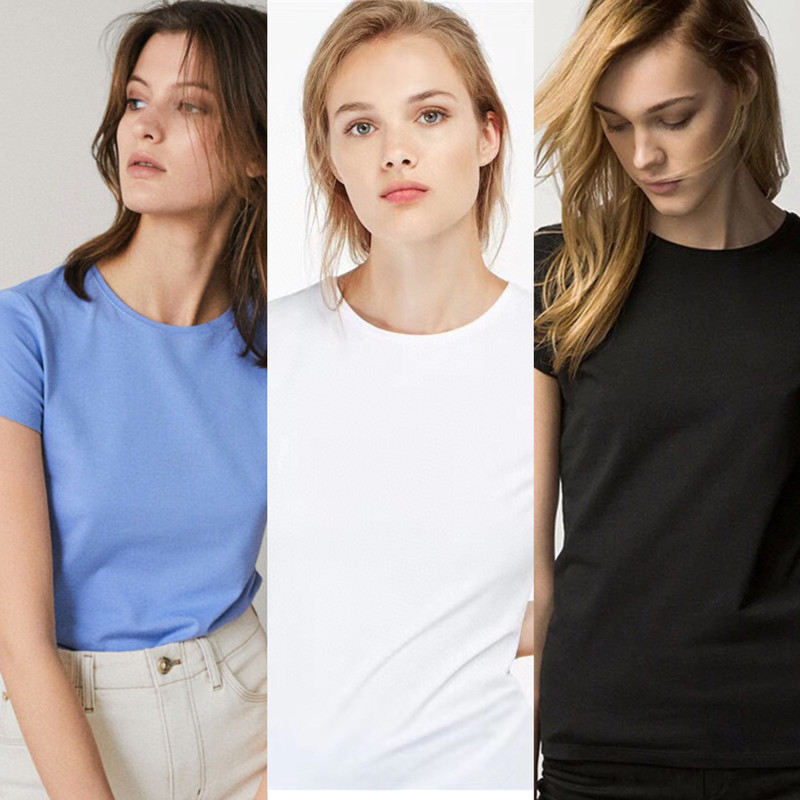 Spanish md short-sleeved T-shirt cotton fabric basic slim-fit white T-shirt crew neck slimming bottoming top for women