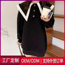 韩版洋气拼色海军领气质中长款卫衣女装 秋冬减龄时尚洋气连衣裙