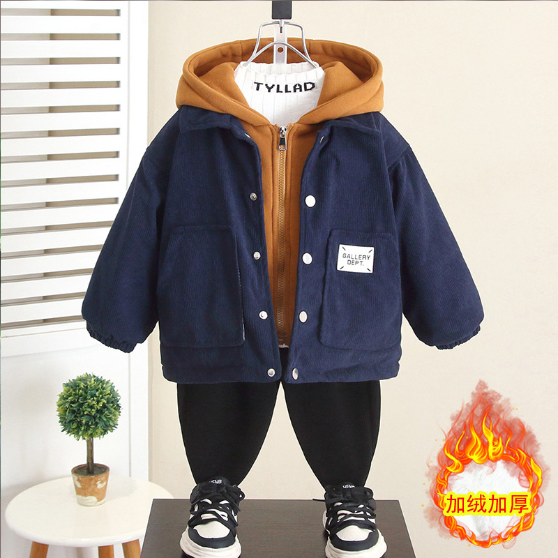 6730 Chaquetas de algodón de dos piezas falsas para niños Invierno 2025 Nuevos modelos de otoño e invierno para niños más abrigo de algodón grueso de terciopelo bebé