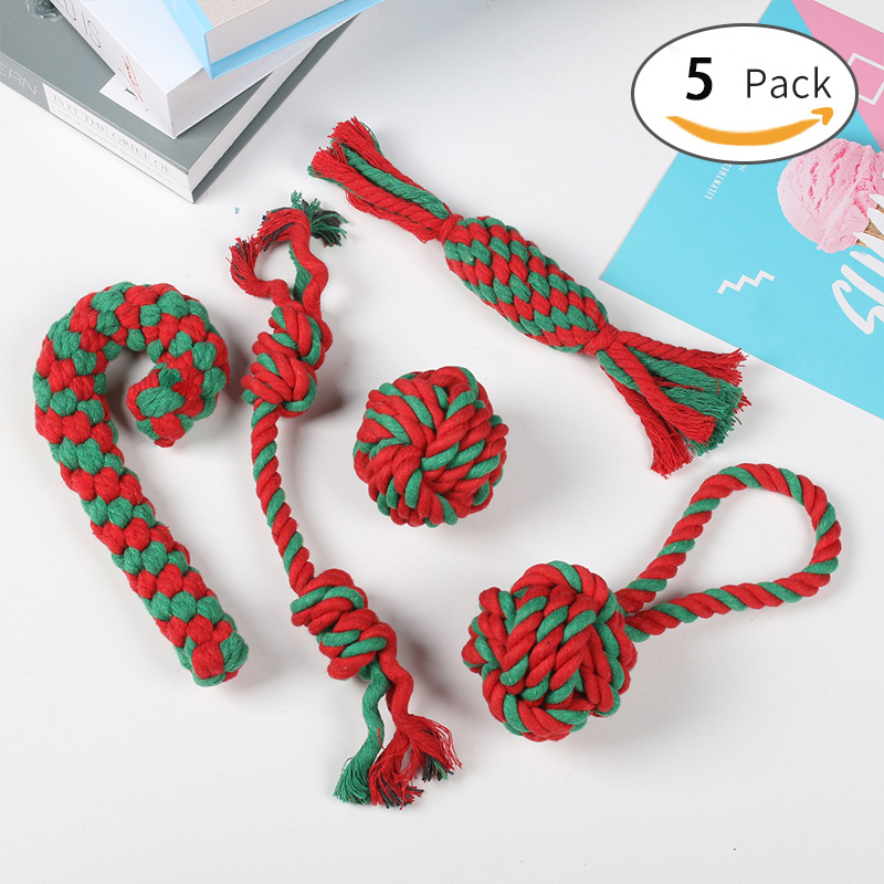 Amazon venta caliente juguetes para mascotas de Navidad juego de regalos perros de molienda dientes de limpieza de dientes cordón nudo fábrica de juguetes para perros en stock
