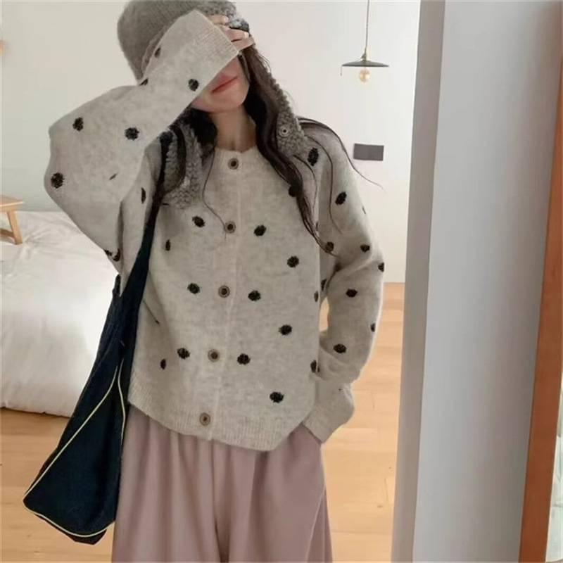 早秋新款韩系波点针织开衫女小个子秋冬高级感慵懒风毛衣外套上衣|undefined