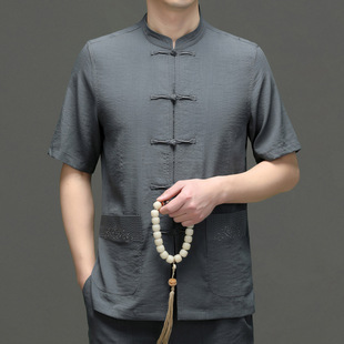 Middle-aged and elderly Hanfu men's short-sleeved cotton and linen shirt Chinese style Tang suit Grandpa's summer thin Chinese style clothing