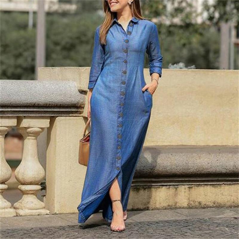 Femmes Robe En Jean Décontractée Col De Chemise Poche Manche Longue Couleur Unie Maxi Longue Robe Du Quotidien display picture 3