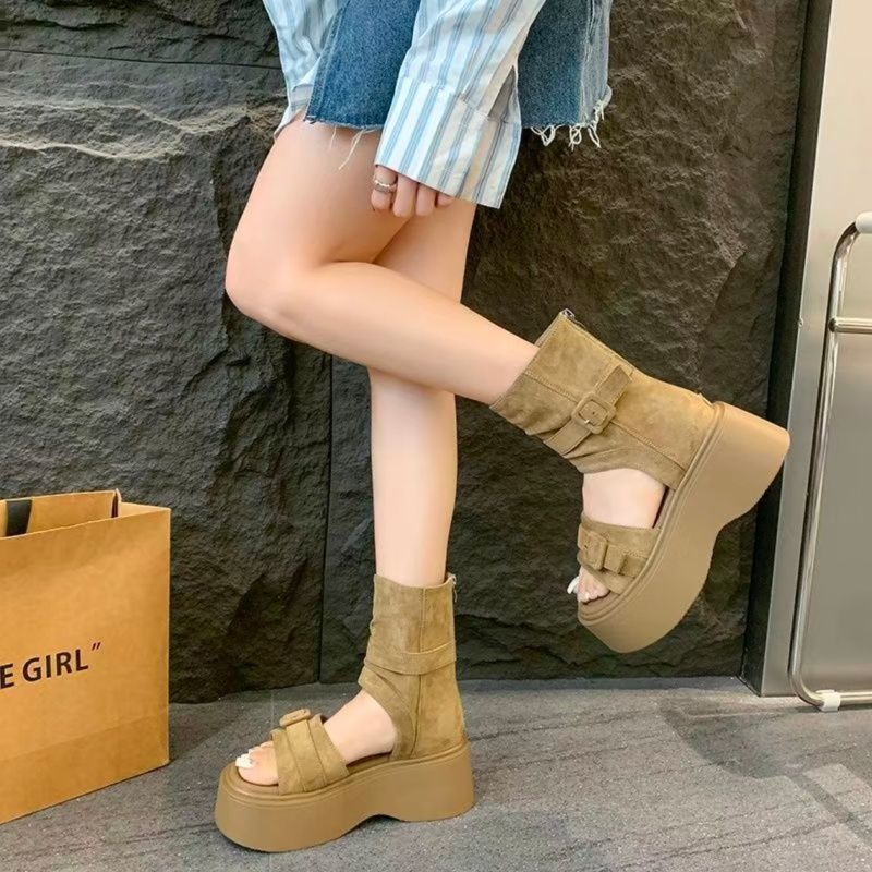 Retro botas romanas de fondo grueso para mujeres otoño y verano 2026 nueva moda versátil botas con cremallera trasera aumentando la altura de los zapatos romanos