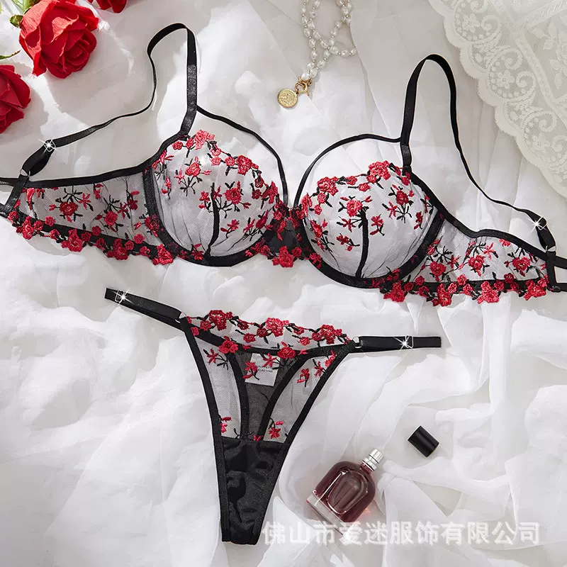 Y欧美Bra set跨境高品质透明刺绣性感内衣套装黑色情趣内衣25041