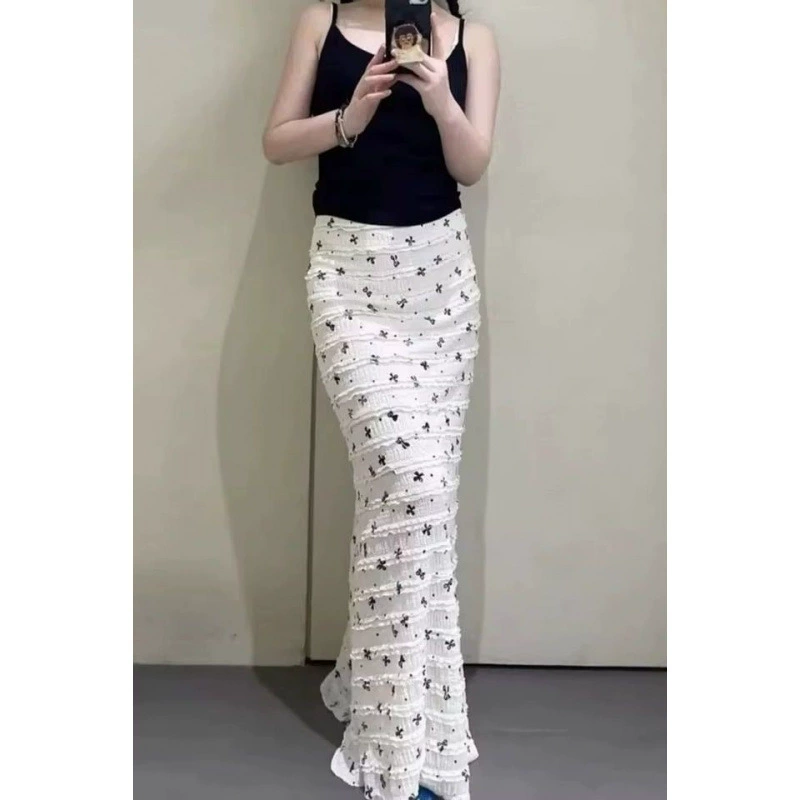 Юбка с бантом в корейском стиле, кружевная юбка с цветочным принтом, юбка «рыбий хвост», длинная юбка Pure Desire, многослойная юбка, женская летняя юбка