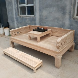 North Old Elm New Chinese-style Luohan Bed Full Solid Wood Sofa Antique Tatami Carved Mortise and Tenon White Stubble White Embryo