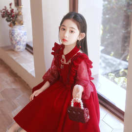 儿童礼服公主裙2024夏洋气女童长袖蓬蓬纱红色花童婚礼小女孩礼服