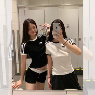 Women's Ribbed Fabric Clover Slim Fit Summer Three-Stripe Short-Sleeved T-Shirt Half-Sleeved Top Raglan Sleeves