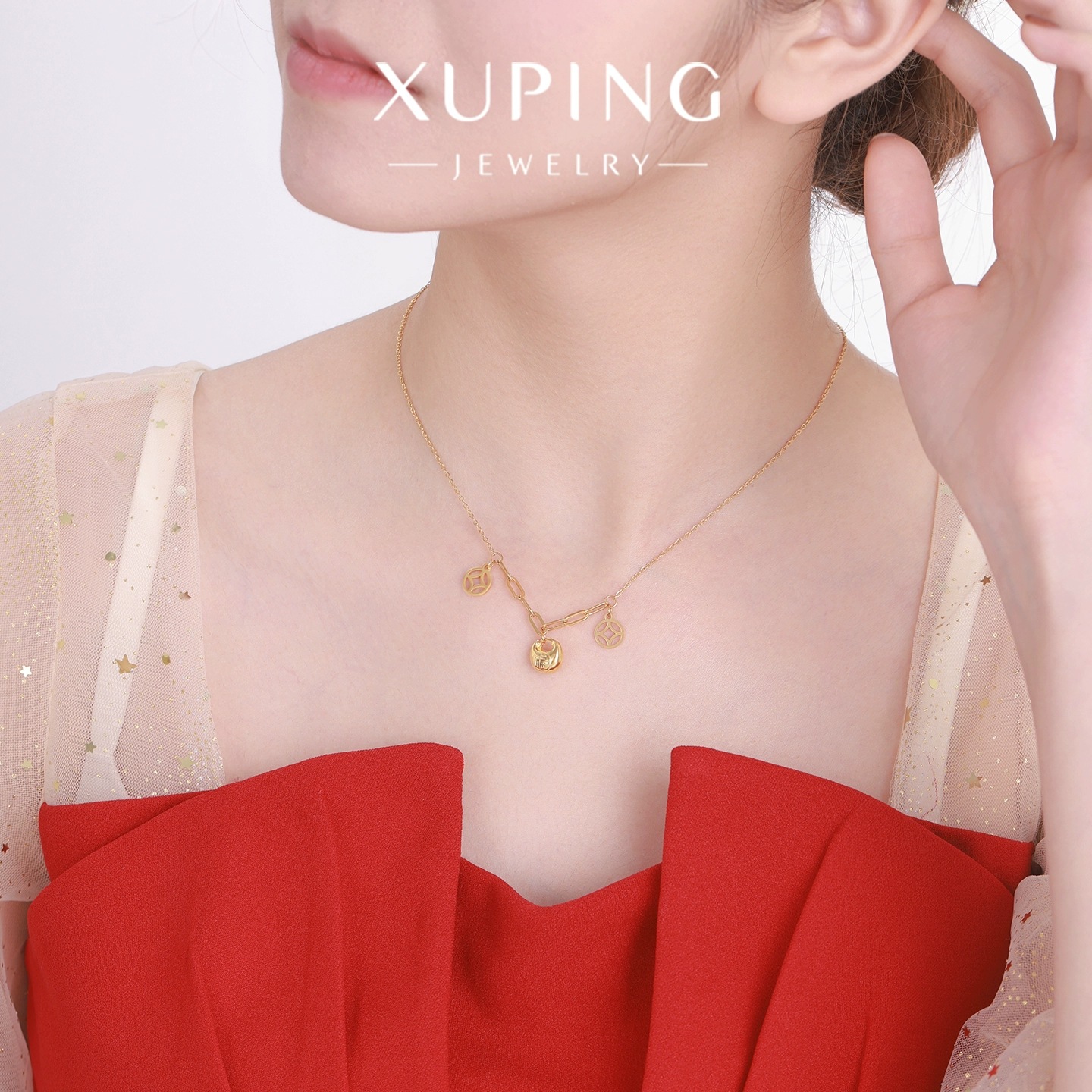 Xuping bolsas de Año Nuevo de bronce de lujo ligero collar de acero inoxidable chapado 24k simple langosta hebilla cadena de clavícula para mujeres
