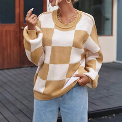 2024アマゾンの新商品の秋の服の女性のニットの方眼の要素の丸首のゆったりしているセーターの欧米の独立駅