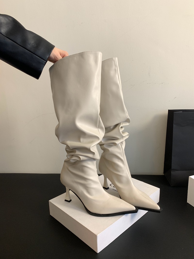 326-1ブーツの女性の長い筒の高い筒の厚い底の2024のハイヒールの百合の後でファスナーの細いかかとのファッションの積み重ねのブーツ