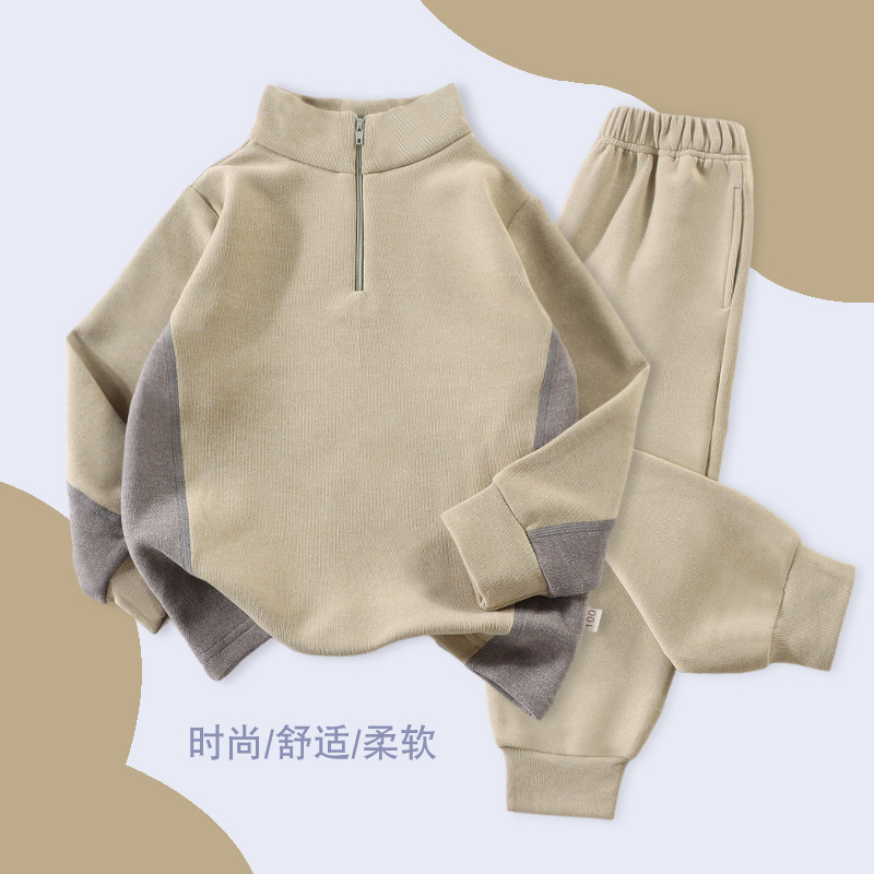 秋冬款儿童长袖t恤半拉链纯色休闲立领运动服男女中大童卫衣套装|undefined