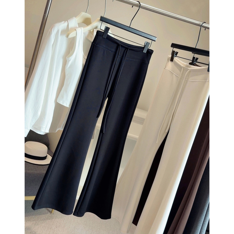 Spring Season Petite Women's Gray Cloud Cotton Flared Pants with High Waist, Drawstring, Drapey, Lazy Casual Sports Bell-Bottom Pants