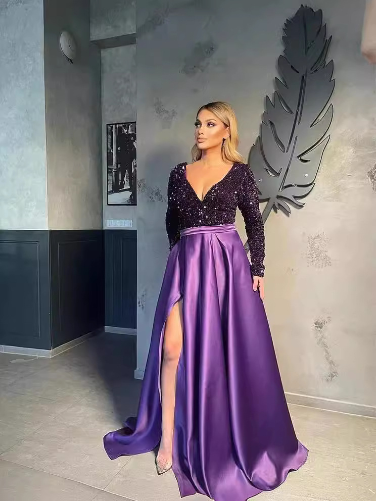 Europeu e americano transfronteiriço novo Amazon de um ombro manga comprida lantejoulas com decote em V grande fenda de lantejoulas saia longa vestido de noite