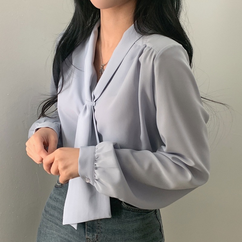 东大门跨境秋季新款韩版设计感领带宽松休闲套头女式衬衫V领上衣|undefined