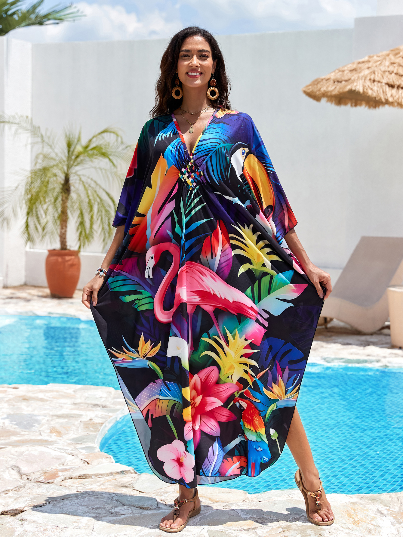 Nuevo posicionamiento de Europa y América impresa playa blusa tejida a mano V-collar vestido de vacaciones vestido largo 31 colores