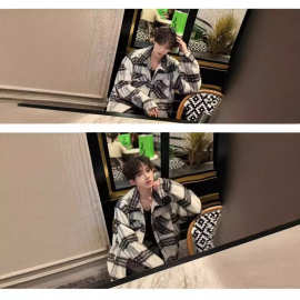 韩风chic黑白格子毛呢外套男款秋冬季夹棉高级感穿搭加棉短款大衣