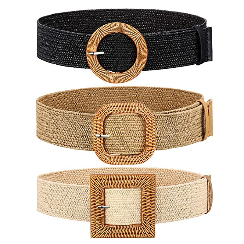 Cinturón Ancho de Tejido de Lino para Mujer, con Hebilla de Madera, Estilo Bohemio
