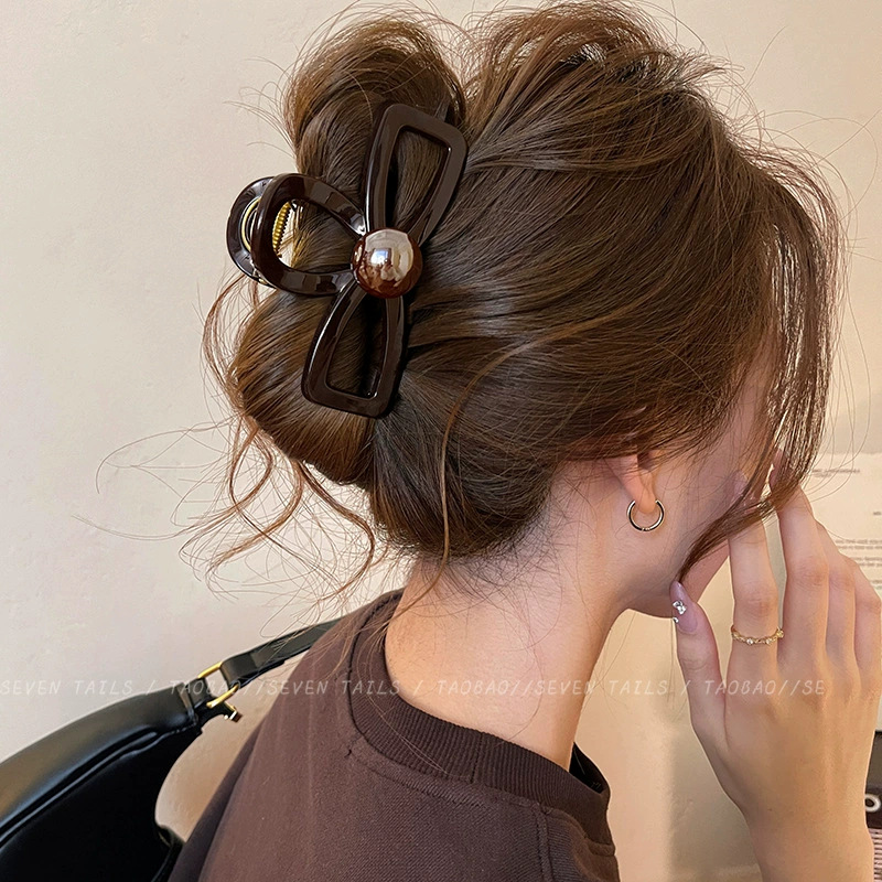 35#Brown ball bead hollow bow tie 10cm hair grip