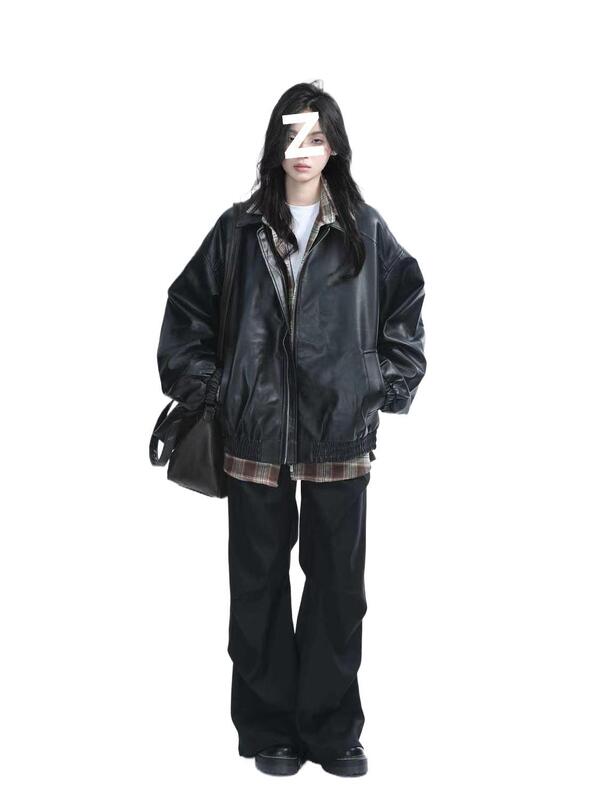 复古机车服黑色皮衣外套女春秋重磅宽松夹克上衣一件起批【厂家】|undefined