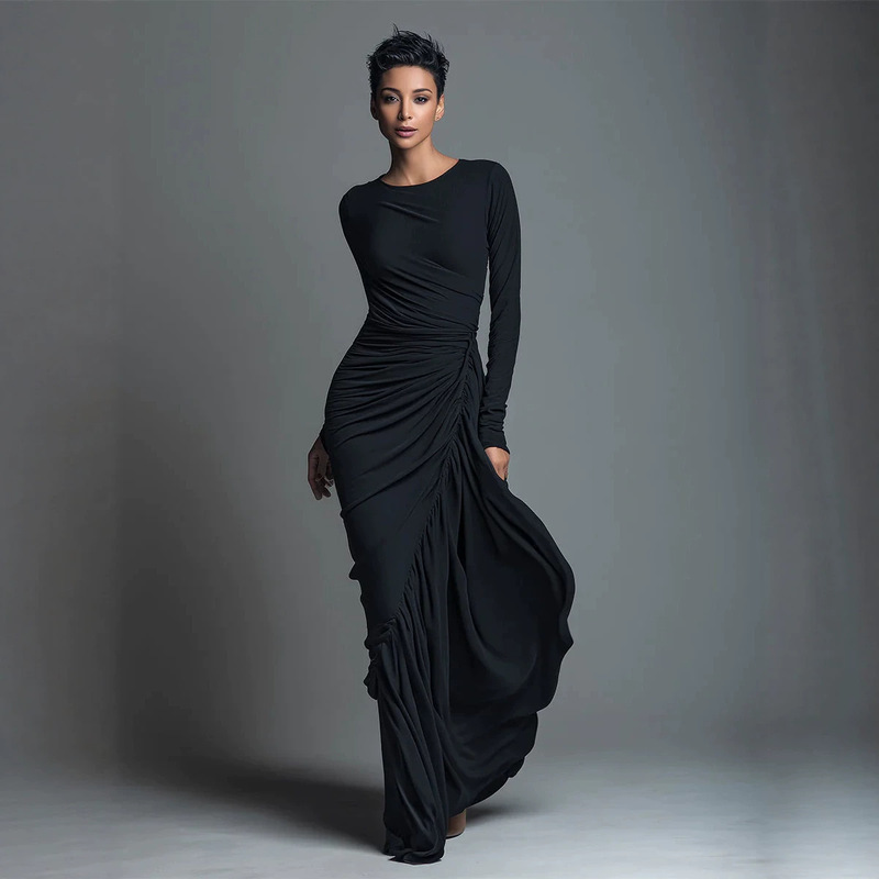 2026 Cross-Border European and American Slim-Fit Knit Dress, Long Sleeve, Round Neck, Hand-Pleated, Irregular Draped Gown