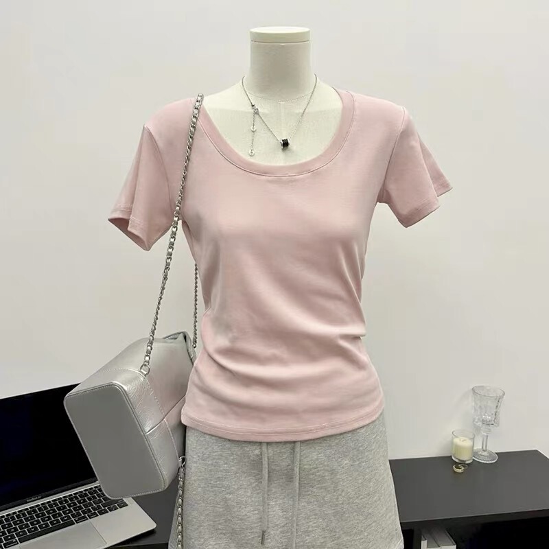 Korean Style U-neck Simple Solid Color T-shirt Women's Summer Slim-fit Pure Desire Style Basic Base Top Waistline Shoulder Short Sleeves