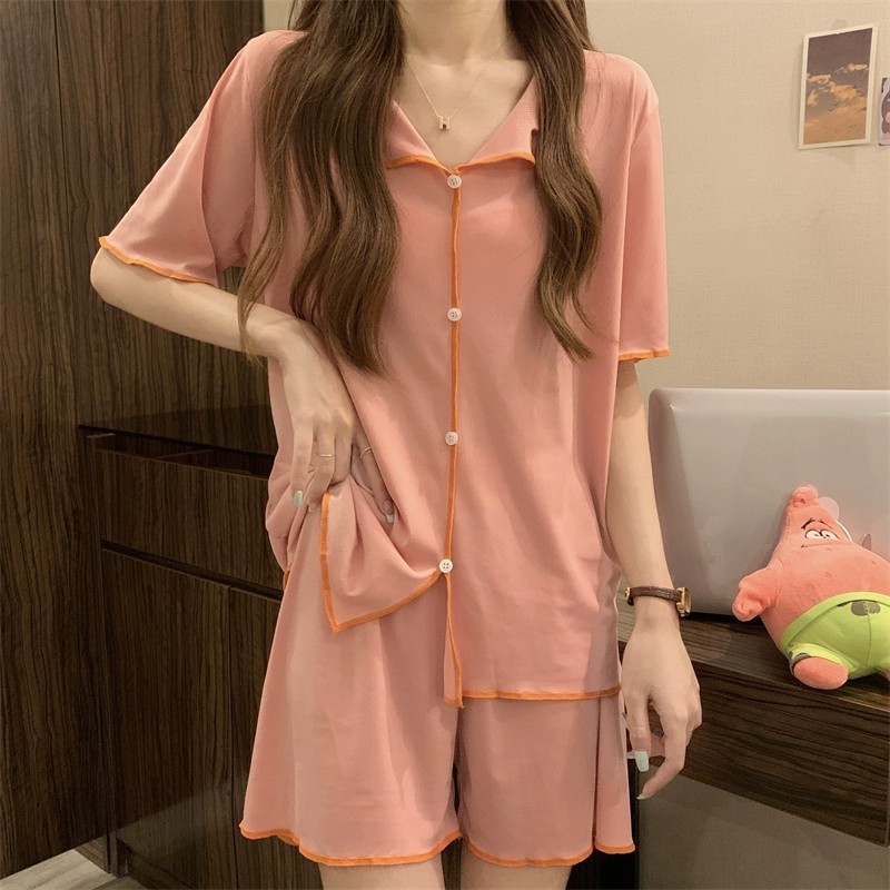 in stock summer QQ suit ice silk cool home clothes casual short fashion lazy fake cardigan two-piece pajamas