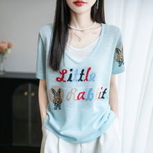 竹节麻V领针织衫短袖T恤女2025年夏季新款刺绣字母兔子假两件上衣