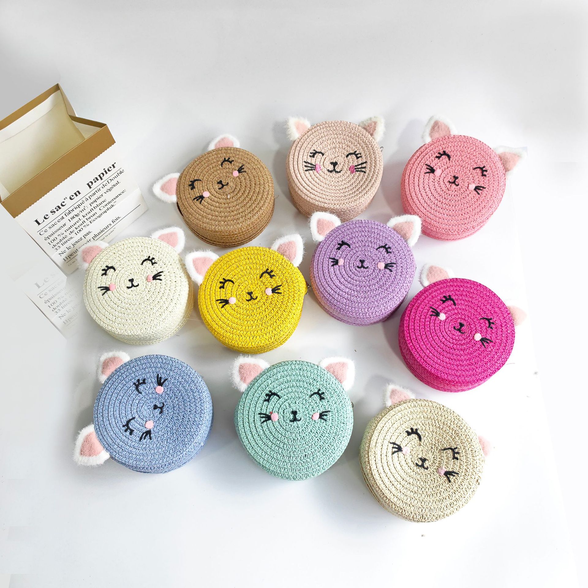 Summer Children's Coin Purse, Straw Woven Small Round Bag, Cute Cat Design for Girls, Outdoor Beach Area Coin Purse