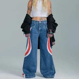 跨境新款美式街头JNCO牛仔裤女2024春季新款拼接撞色阔腿长裤