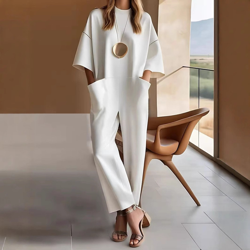 in stock-Cross-border Independent Station TK Ladies Loose Jumpsuit Pocket Crewneck Straight Leg Pants Simple Street Style Office