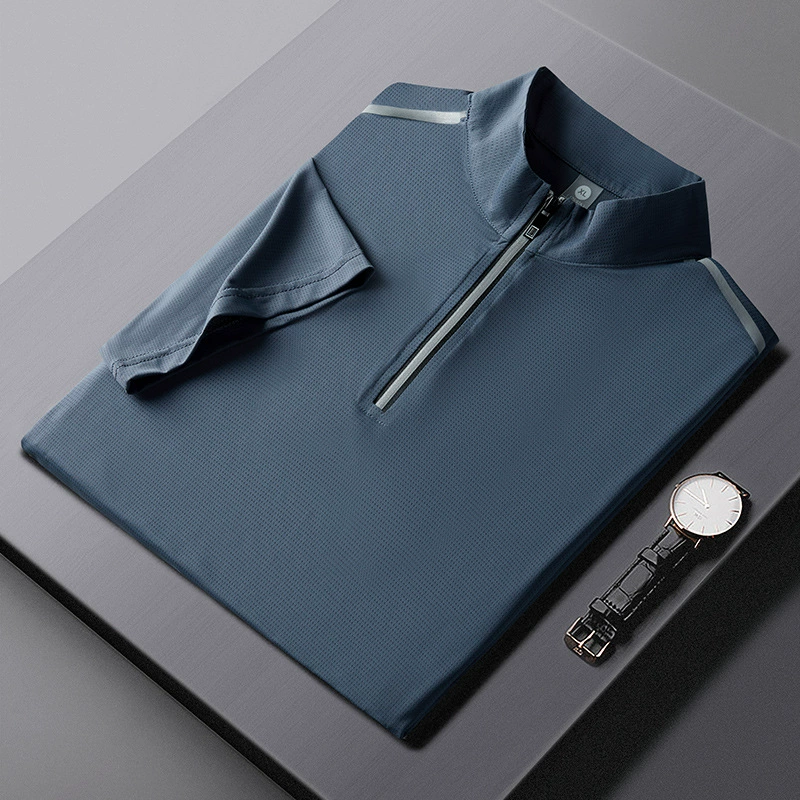 Летняя рубашка-поло для гольфа New Ice Silk, Мужская футболка с воротником-стойкой и короткими рукавами, повседневный легкий сетчатый однотонный топ