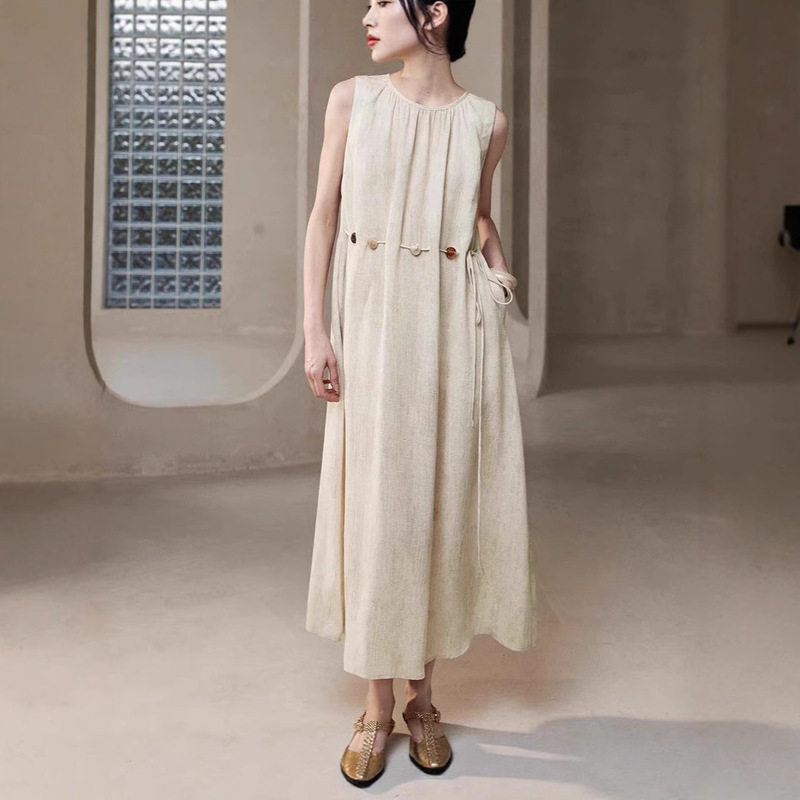 Early Cotton Lyocell Linen Sleeveless dress Women's 25-Year Summer Texture Tight Waist Lace-Up Long Dress Simple Elegant