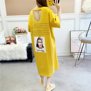 Korean Style Sexy Backless Dress Women's Long Skirt Large Size Women's Summer Cotton Short-Sleeved T-Shirt Dress for Chubby Girls