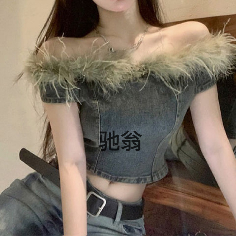 Retro removable denim bra top