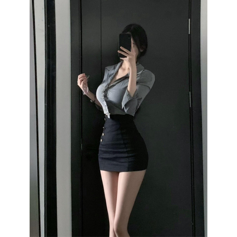 大码御姐风气质v领长袖衬衫女通勤收腰包臀短裙套装|undefined