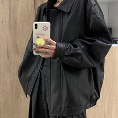 秋冬新款ins潮港风复古时尚宽松显瘦黑色加绒皮衣机车夹克外套女