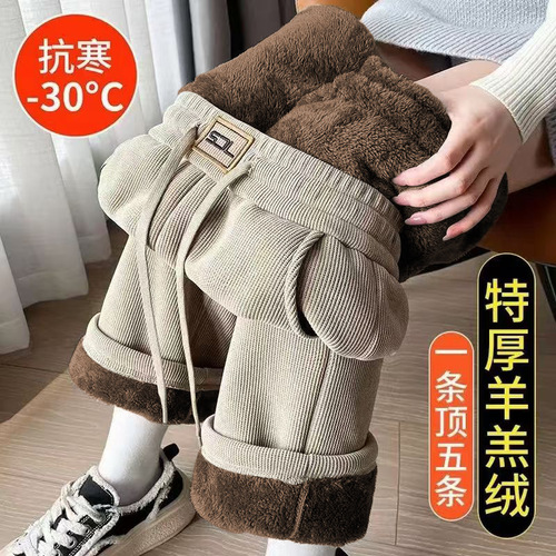 Women's Winter Fall Thick Fleece Wide Leg Pants with Cashmere 2024 New Thick Lamb Wool Straight Leg Pants